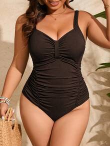 Swim Lushoire Plus Size Women's Solid Color Ruched One-Piece Swimsuit With Spaghetti Straps - Brown - View 1