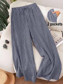SHEIN Frenchy Plus Size Women Navy Blue Striped Casual Pants Fall - Multicolor - View 1