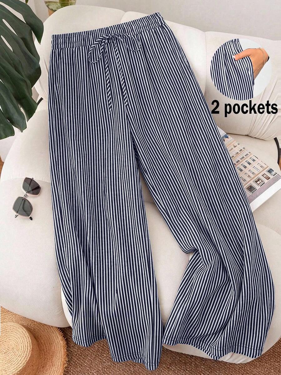 SHEIN Frenchy Plus Size Women Navy Blue Striped Casual Pants Fall - Multicolor - View 1