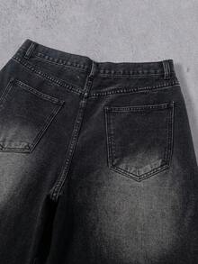 2026新款青少年男孩四季通用美式復古個性化毛邊下擺高街刺繡水洗軟牛仔寬鬆彎腿褲，百搭日常穿著 - 黑色 - 查看 4