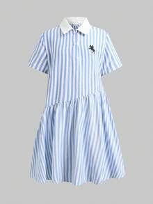 SHEIN 青少年女孩休閒舒適襯衫領撞色條紋素色洋裝，返校季公主風洋裝 - 藍色 - 查看 6