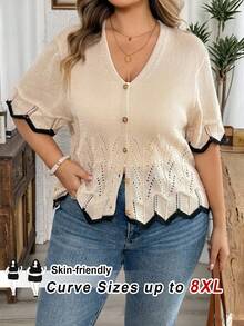 SHEIN CURVE+ 大尺碼 V 領單排扣休閒優雅開襟衫，休閒穿搭，2026 秋冬 22W - 杏色 - 查看 7