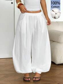SHEIN PETITE 女款純色鬆緊腰口袋燈籠褲 - 白色 - 查看 7