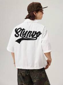 Men's Letter Embroidered Striped Short Sleeve Single-Breasted Shirt - White - View 3