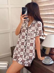 Napfluff Conjunto de pijama con estampado de leopardo & patrón de corazón, cuello de solapa, 2 piezas - Multicolor - Ver 3