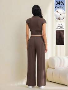 SHEIN Tall 女款純色立領短袖上衣與長褲休閒兩件套 - 棕色 - 查看 2