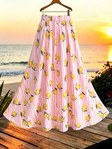 Franclia Plus Size Women's Summer Lemon Print A-Line Casual Vacation White Long Skirt Vacation - Multicolor - View 2