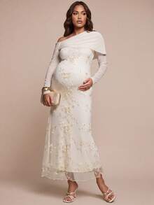 MaterniChic Elegant Maternity Decent Fitted Long-Sleeved Floral White Dress Embroidery Asymmetric Neckline Autumn Fall Wedding Photoshoot Baby Shower - Apricot - View 1
