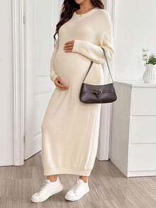 SHEIN Maternity Solid Color Casual Daily Knit Dress Winter - Apricot - View 8