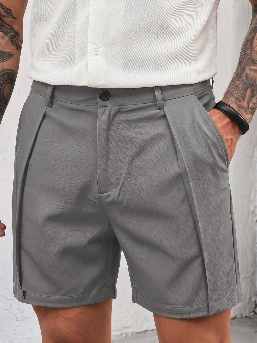 GENTILAND Men's Solid Color Pleated Loose Casual Shorts With Pockets - Grey - View 1