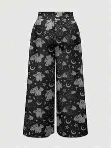 ROMWE Goth 大尺碼女款全印花休閒百搭日常穿著長褲 - 黑色 - 查看 2