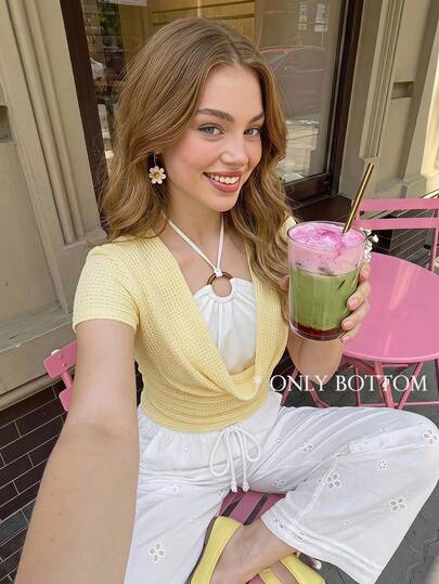 SHEIN MOD Pantalon long blanc à jambes larges avec bretelles nœud papillon brodées