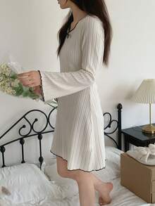 SHEIN Teen Girls Round Neck Contrast Color Ruffle Bow Long Sleeve Nightgown - White - View 5