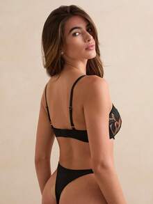 Charlaine Floral Embroidered Underwire Bra & Panty Lingerie Set - Black - View 2