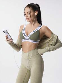 Loungeista 1pc Women Fashion Casual Letter Ribbed Soft Cup Bra, Comfortable Wireless With Pads, Medium Support Sports Bra Underwear - Green - View 6