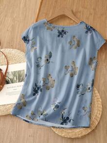Rusticease Women's Floral Print Button Design Notch V-Neck Blouse For Middle-Aged And Elderly - Dusty Blue - View 2