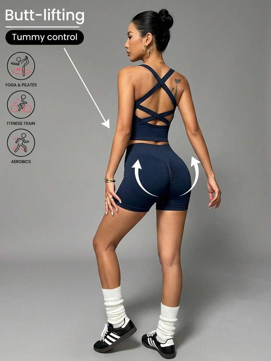Easithlete Easithlete Spring And Summer Women's Sports Suit Vest Fitness Tight Running High Stretch Yoga Home Casual Athleisure Gym Navy Blue - Navy Blue - View 1