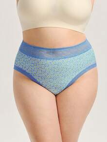 LUVLETTE Plus 3-Pack Lace Trim Cotton High-Waist Briefs Women Underwear Panties Set- Floral Print Lace Trim--Blue - Multicolor - View 3