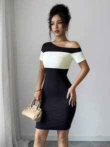 SHEIN Elenzya Women's Asymmetric Shoulder Colorblock Casual Sexy Daily Wear Dress Date Night Night Out Black And White Summer - Multicolor - View 5