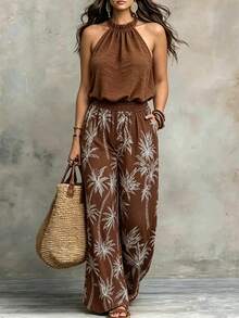 SHEIN LUNE CURVE Plus Size Women's Summer Casual Tropical Vacation Set: Sleeveless Solid Color Halter Top And High Waist Wide Leg Printed Pants Two Pieces Set Brown - Brown - View 1