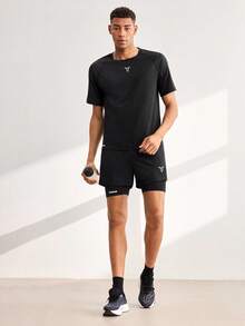 Driftmere 2pcs Men's Short Sleeve Top And Drawstring Shorts Two Pieces Sport Suit, Fitness Outdoor Casual Workout Set Gym Compression Sports Black - Black - View 10