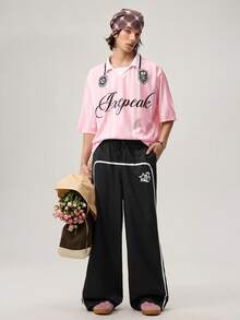 Men's Wide Leg Printed Drawstring Waist Street Pants, Fall Wide Leg - Black - View 2