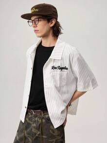 Men's Letter Embroidered Striped Short Sleeve Single-Breasted Shirt - White - View 4