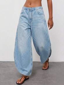 Maija Calças de ganga casuais lavadas de perna larga para mulher - Azul - Ver 3