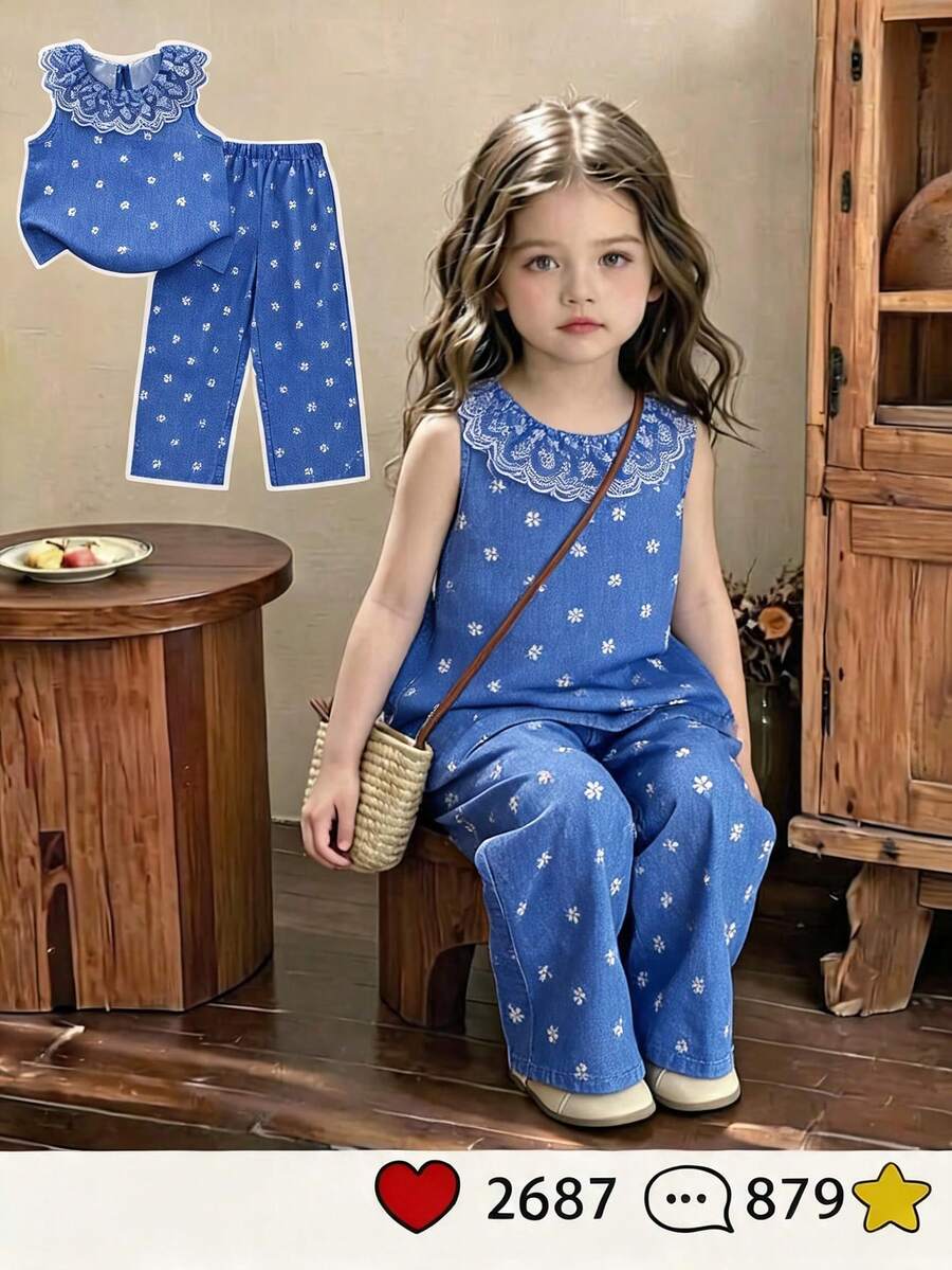SHEIN Vintaside Kids 女童夏季兩件套:藍底白色花卉印花無袖上衣配荷葉領 + 同款花卉印花寬腿褲,適合日常上學、戶外出遊、購物與遛娃,打造清新甜美田園風小女孩造型 - 藍色 - 查看 1