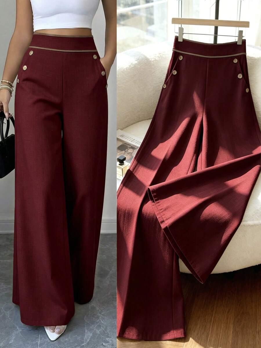 Elenzga High Waist Button Detail Wide Leg Pants - Multicolor - View 1