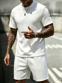 EGENSIO Men's Comfortable Crew Neck Short Sleeve T-Shirt Set, With Drawstring Elastic Waist Design, Jacquard Fabric, Suitable For Vacation, Party, Gathering - White - View 3