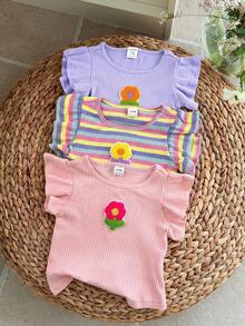 LMoss Kids Baby Girl 3pcs Knitted Solid Color Striped 3D Floral Round Neck Tank Tops - Mauve Purple - View 6