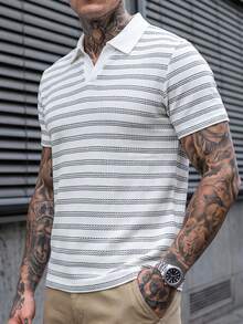 Manfinity CasualCool 男士條紋拼色休閒通勤短袖 Polo 衫 - 白色 - 查看 4
