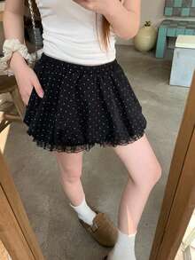 DAZY 女款韓式波點荷葉邊休閒寬鬆短褲 夏季 - 黑色 - 查看 2