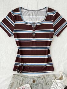 青少年女孩 T-Shirt 酒紅色短袖 T-Shirt，Y2K 復古休閒女孩居家服 蕾絲飾邊修身海軍藍聚酯纖維短袖 T-Shirt，鏤空領口設計，胸前抓褶，適合日常穿著 - 彩色 - 查看 6