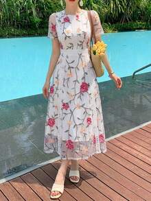 DAZY Elegant Lace Trim Short Sleeve Dress, Youthful And Refined, Suitable For Formal Occasions Sundress - White - View 9