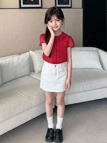 DAZY 可愛波點紅色短袖收腰彼得潘領女童夏季襯衫 - 紅色 - 查看 3