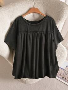 CosyJoli 大尺碼深綠色雪洗水上衣，可愛夏季娃娃風寬鬆女款 T-shirt，適合外出、正式、居家與休閒日常穿著 - 黑色 - 查看 4