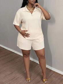 Slaydiva Plus Size Women's Solid Color Short Sleeve Top And Shorts Casual Everyday Set Formal Holiday White Summer - Apricot - View 2
