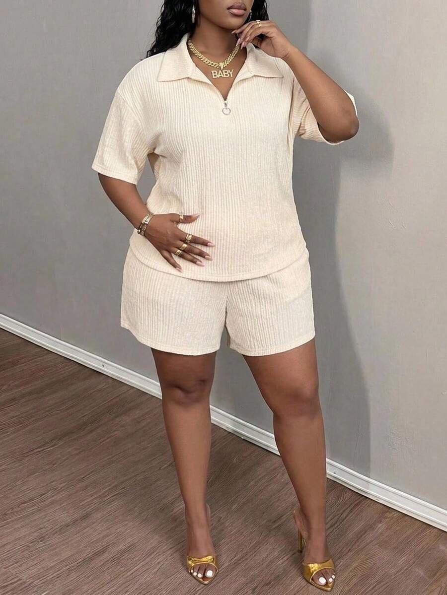 Slaydiva Plus Size Women's Solid Color Short Sleeve Top And Shorts Casual Everyday Set Formal Holiday White Summer