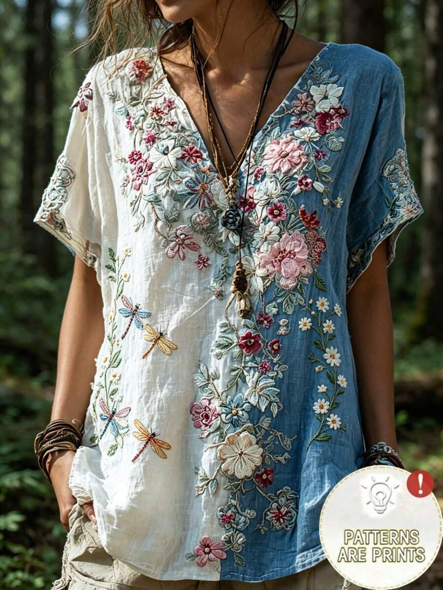 Wandoria 時尚優雅夏季女款新式仿麻波希米亞復古印花V領短袖 - 藍色 - 查看 1
