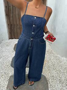 Dazy Plus Dark Wash Blue Stylish Western Denim Strapless Sleeveless Jumpsuit Spring Summer Vacation Style Casual Plus Size Women - Dark Wash - View 2