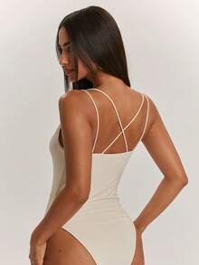SHEIN BAE Women's Solid Beige Casual Minimalist Basic Modest Halter Neck Backless Sexy Spaghetti Strap Bodysuit, Summer Everyday Homewear - White - View 2