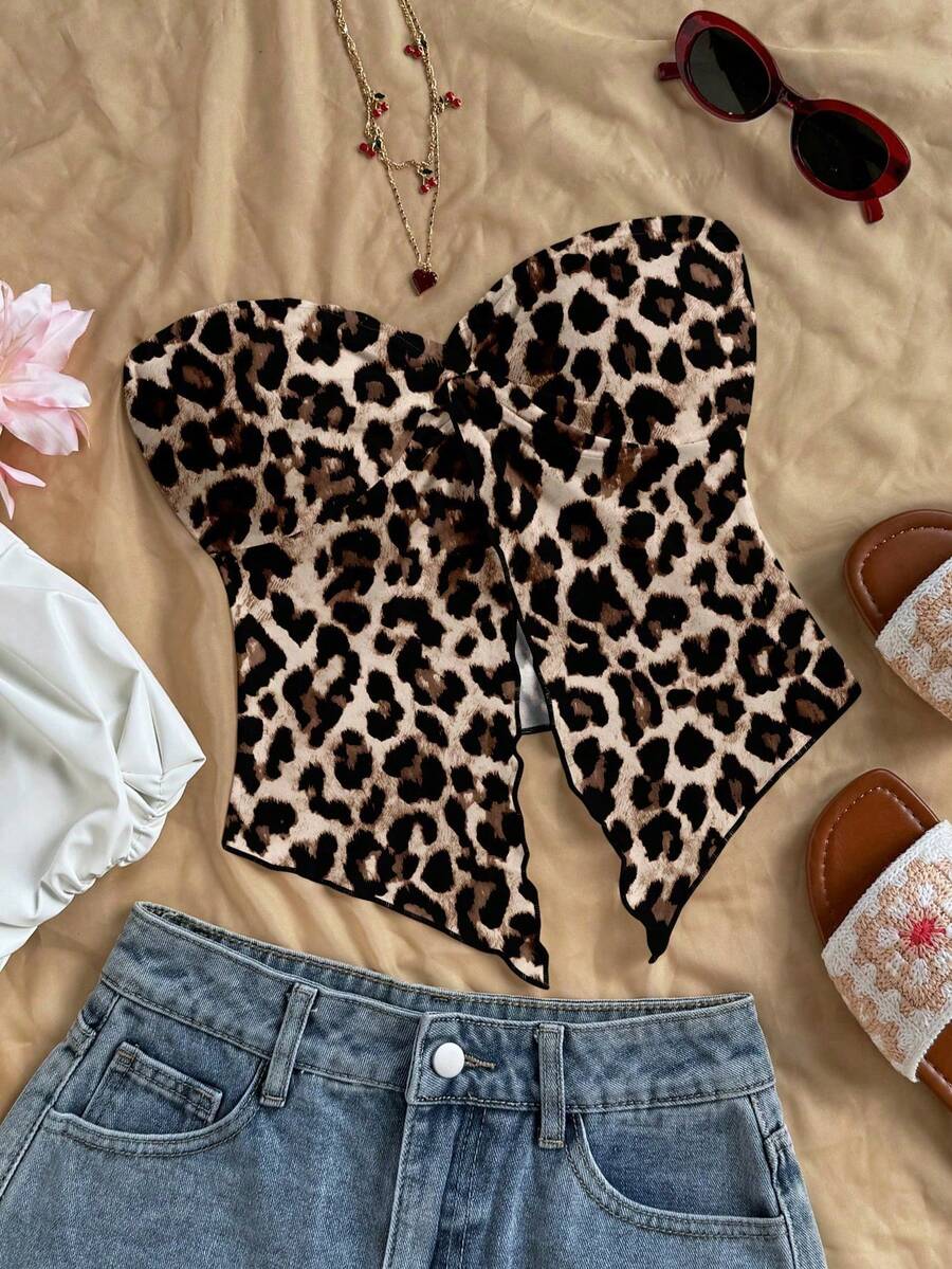 Soleia Casual Minimalist Sexy Brown Leopard Print Pattern Women Top, Suitable For Spring/Summer, Vacation, Beach - Multicolor - View 1
