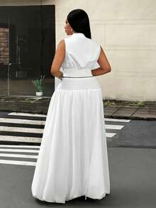 Mawevolt Summer White Design Hollow Lapel Slim Fit Sleeveless Top Pleated High Waist A-Line Long Skirt Plus Size 2 Pieces Set - White - View 6