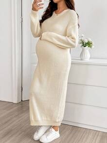 SHEIN Maternity Solid Color Casual Daily Knit Dress Winter - Apricot - View 6