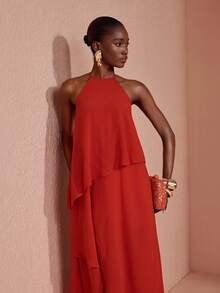 JIAN LASALA Chiffon Halter Neck Sleeveless Overlapped Ruffle Hem Long Dress Party Elegant Vacation - Orange - View 6