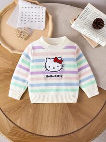 HELLO KITTY AND FRIENDS | SHEIN GraphicGems 女嬰圓領 3D 毛巾刺繡彩虹條紋套頭針織毛衣，柔軟舒適全幅提花印花，簡約可愛優雅長袖紅色上衣，適合秋冬旅行、外出、派對、戶外玩耍 - 彩色 - 查看 7