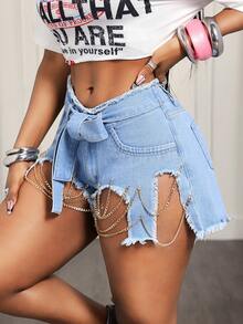 SHEIN VaVaLuxe Women's Chain Decor Frayed Hem Fashion Versatile Denim Shorts - Blue - View 3