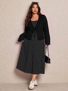 Elaquor Plus Size Solid Color Top And Polka Dot Print Dress 2 Pieces Set - Black and White - View 2